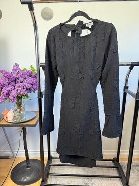 LPA Black Textured Long-Sleeve Tie-Back Mini Dress